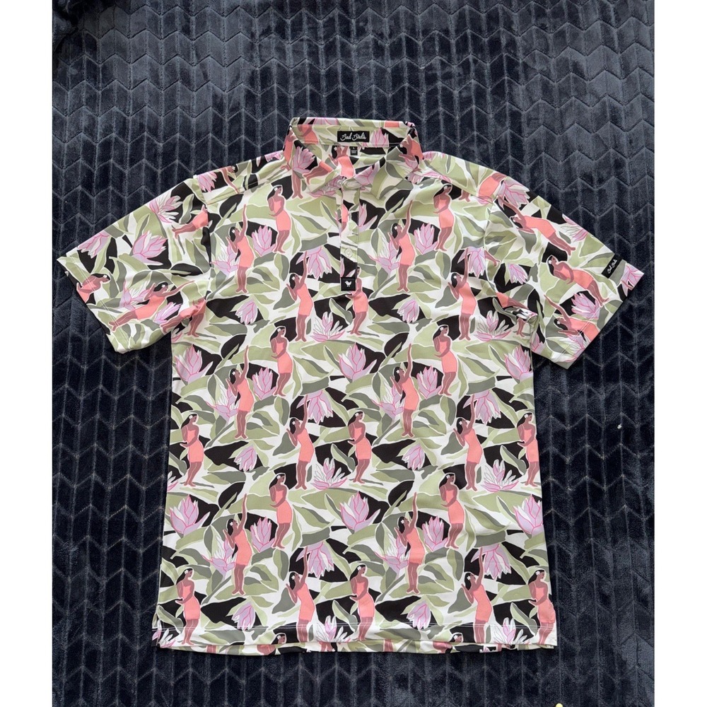 Bad Birdie Polo Men's Shirt Pink Tropical Floral Golf Performance Stretch Size L